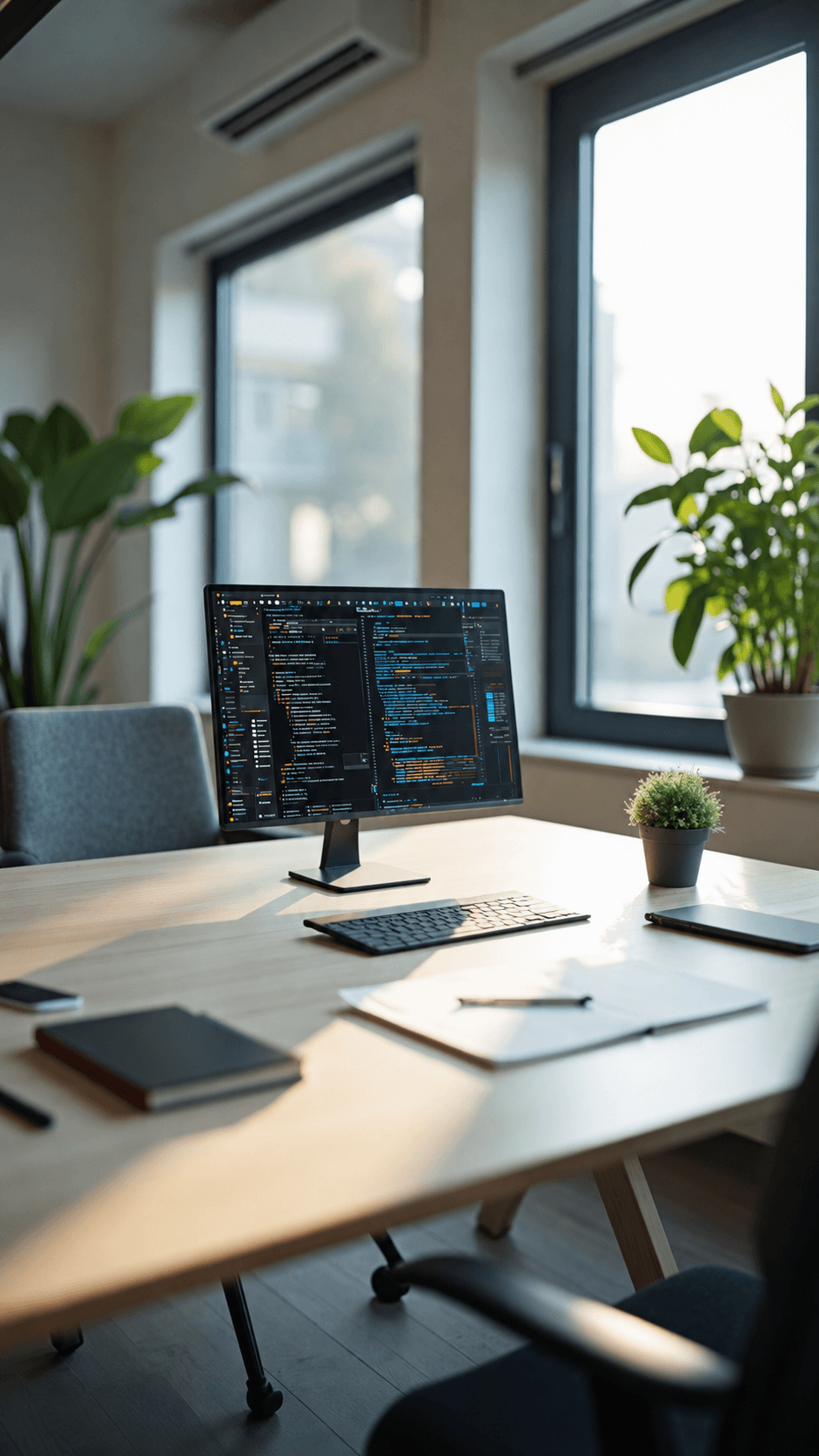 A bright workspace with a monitor displaying development code.