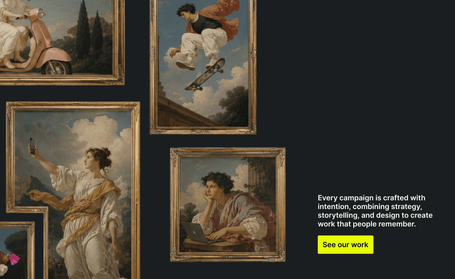 Circle campaign work section with framed creative imagery
