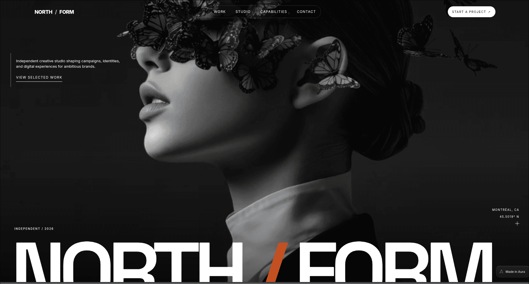 NORTH/FORM homepage hero with cinematic butterfly portrait