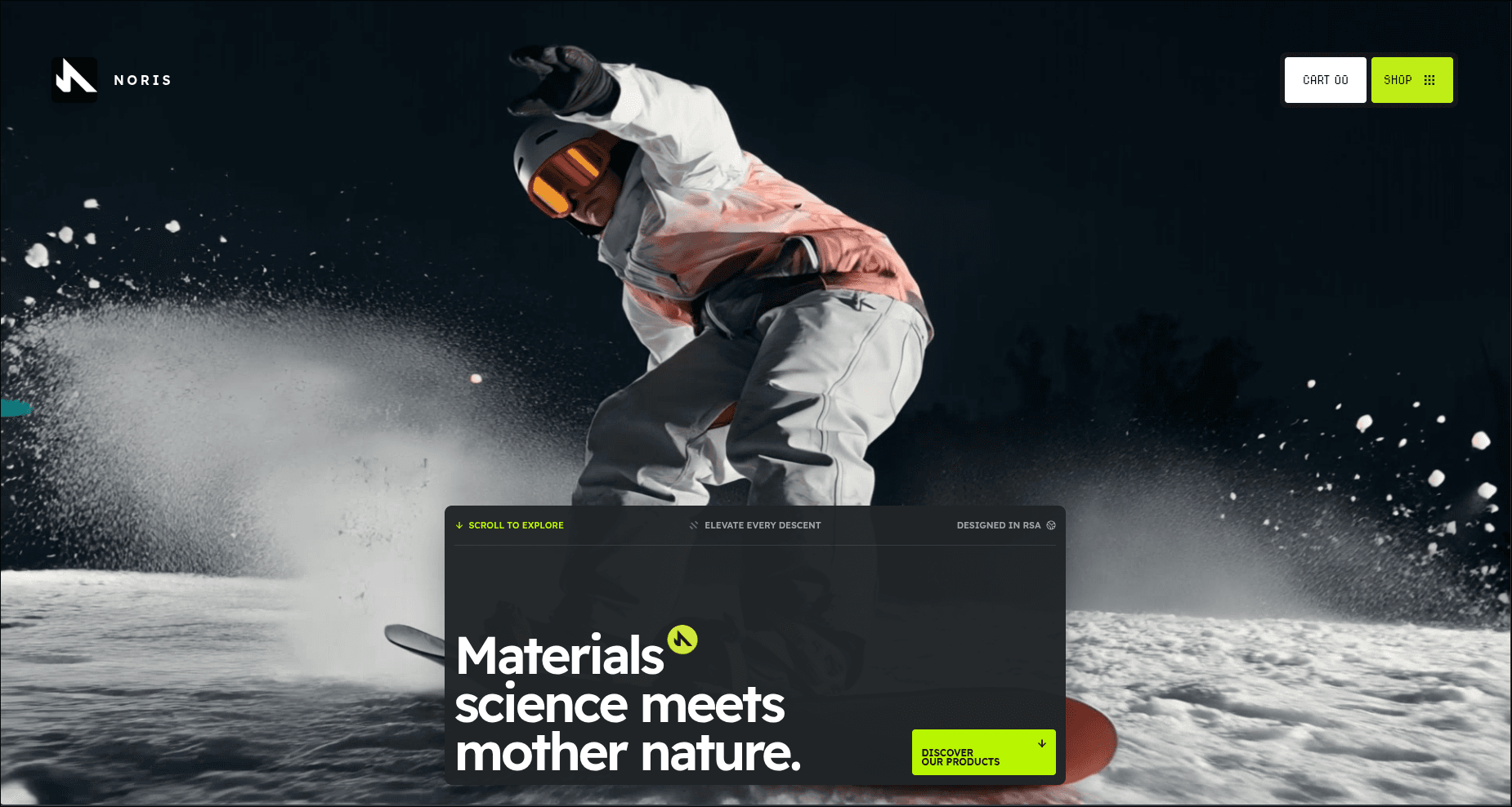Noris homepage with a snowboarder in fresh snow