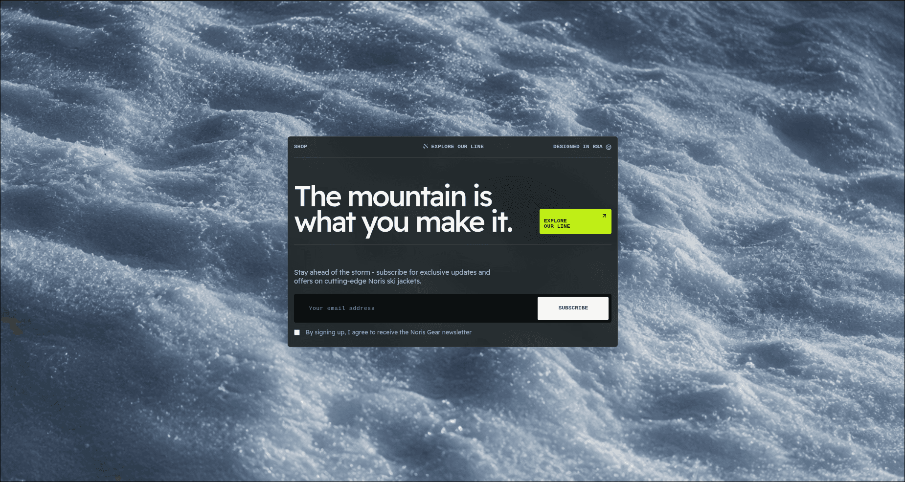 Noris email newsletter sign-up section on a snowy surface