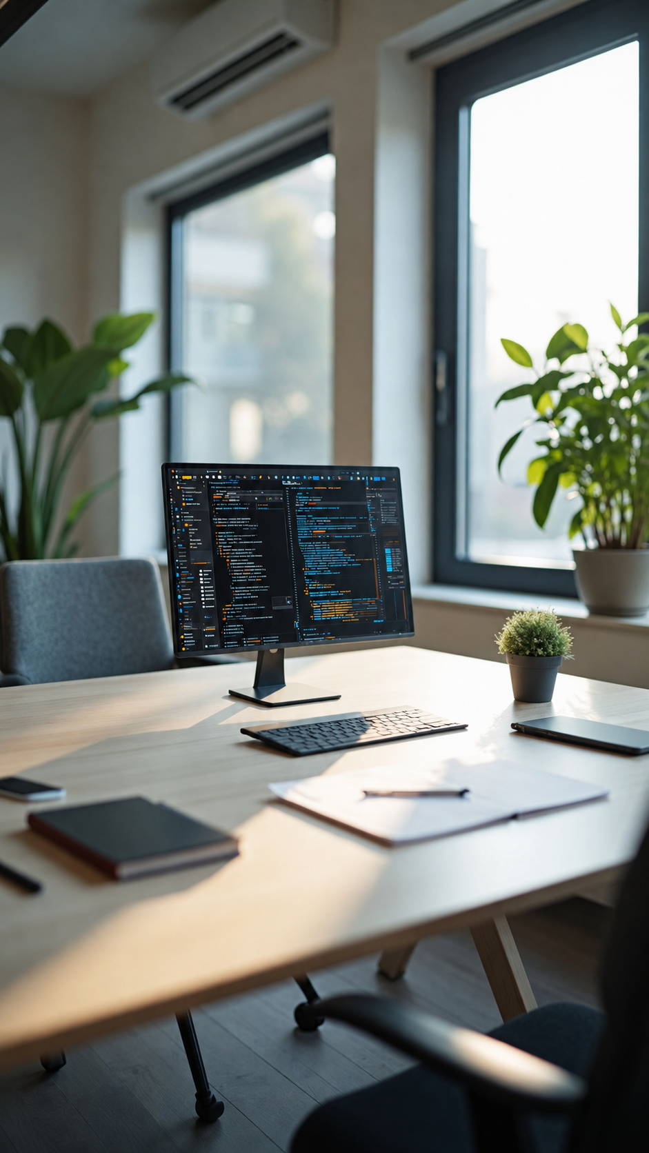 A bright workspace with a monitor displaying development code.